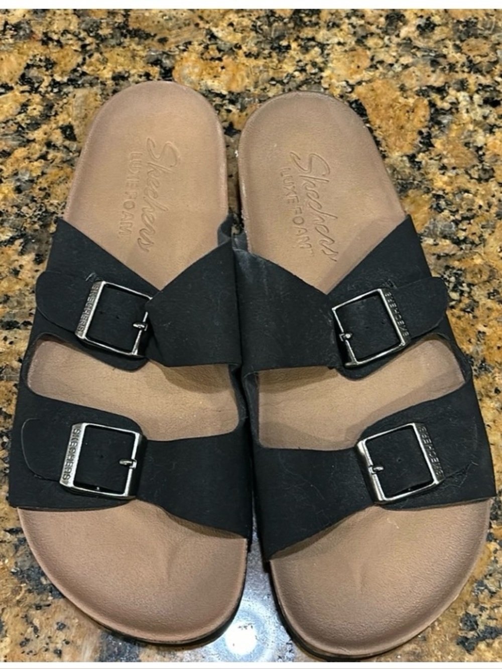 Skechers Black Double-Buckle Slide Sandals with Tan Footbed size 9